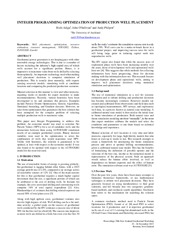 (PDF) Integer Programming Optimization of Production Well Placement