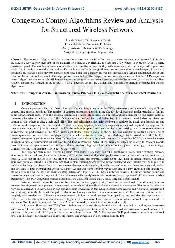 (PDF) Congestion Control Algorithms Review and Analysis for Structured ...