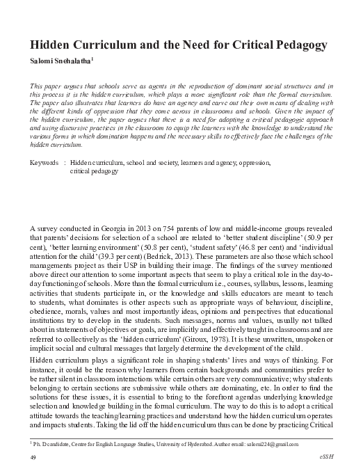 (PDF) Hidden Curriculum and the Need for Critical Pedagogy