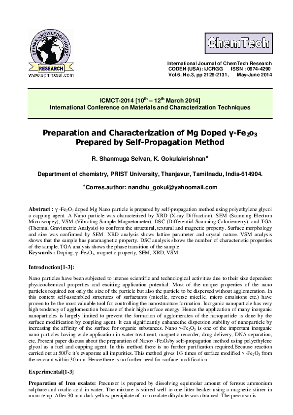 (PDF) Preparation and Characterization of Mg Doped γ-Fe 2o3 Prepared by ...