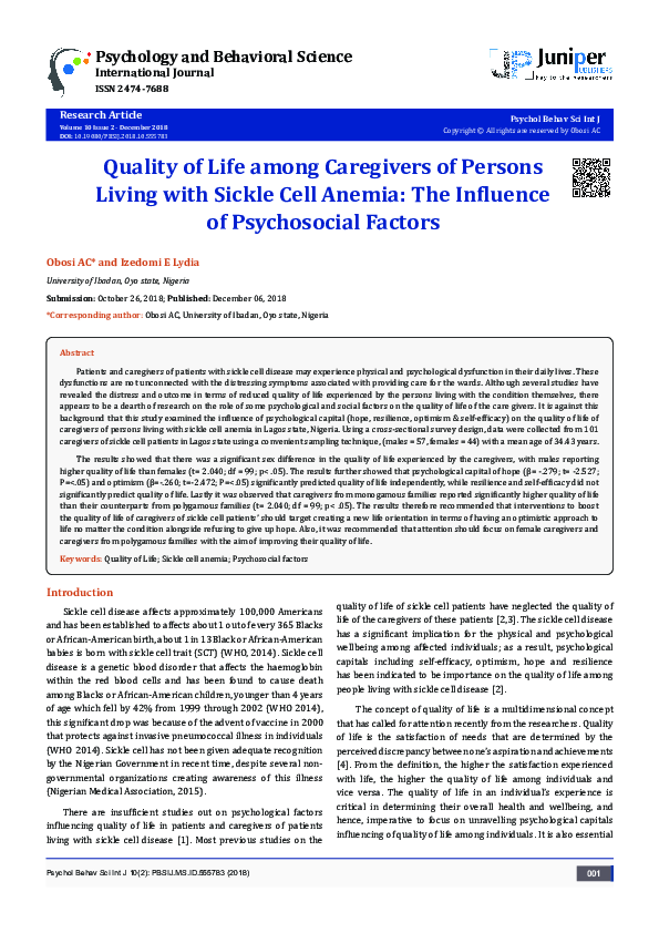 (PDF) Quality of Life among Caregivers of Persons Living with Sickle ...