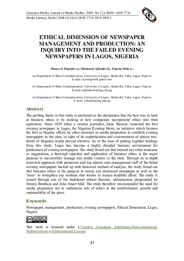 (PDF) Ethical Dimension of Newspaper Management and Production an