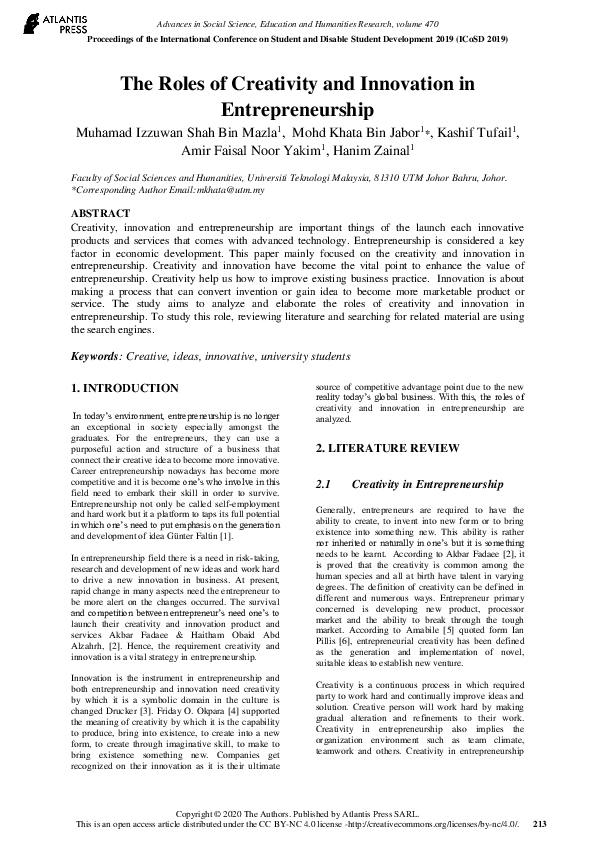 (PDF) The Roles of Creativity and Innovation in Entrepreneurship