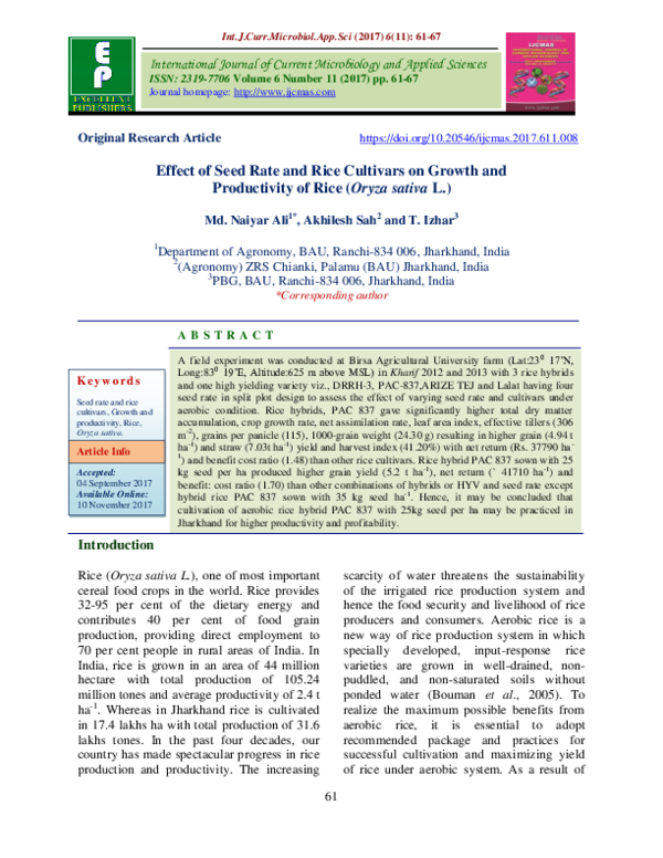 (PDF) Effect of Seed Rate and Rice Cultivars on Growth and Productivity ...