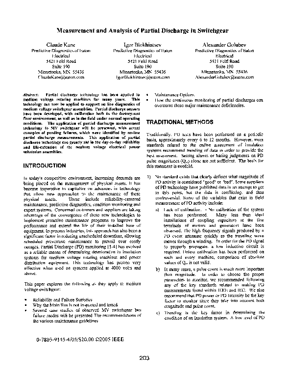 (PDF) Measurement and analysis of partial discharge in switchgear