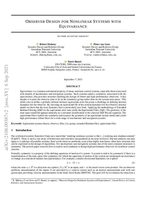 (PDF) Observer Design for Nonlinear Systems with Equivariance