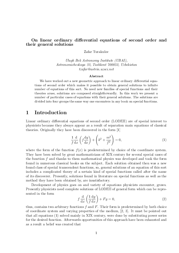 (PDF) On Linear Ordinary Differential Equations of Second Order and