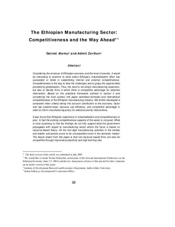 (PDF) The Ethiopian Manufacturing Sector Competitiveness and the Way