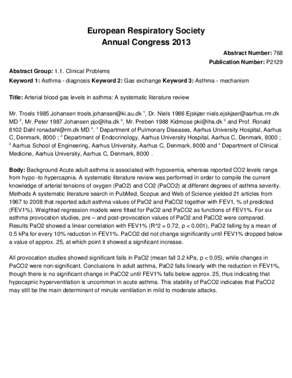 (PDF) Arterial blood gas levels in asthma A systematic literature review Preben Kidmose