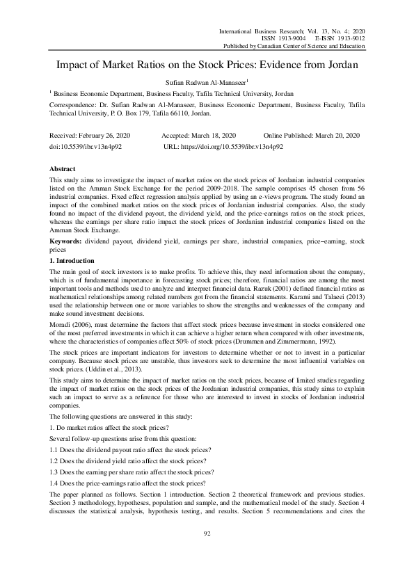 (PDF) Impact of Market Ratios on the Stock Prices: Evidence from Jordan