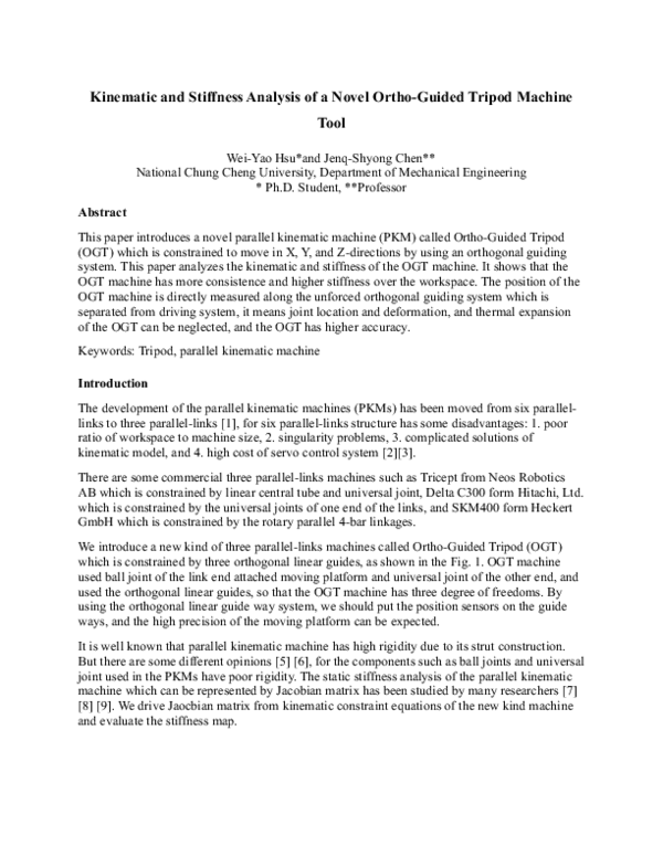(PDF) Kinematic and Stiffness Analysis of a Novel Ortho-Guided Tripod ...