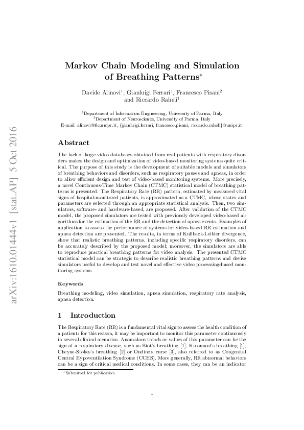 (PDF) Markov chain modeling and simulation of breathing patterns