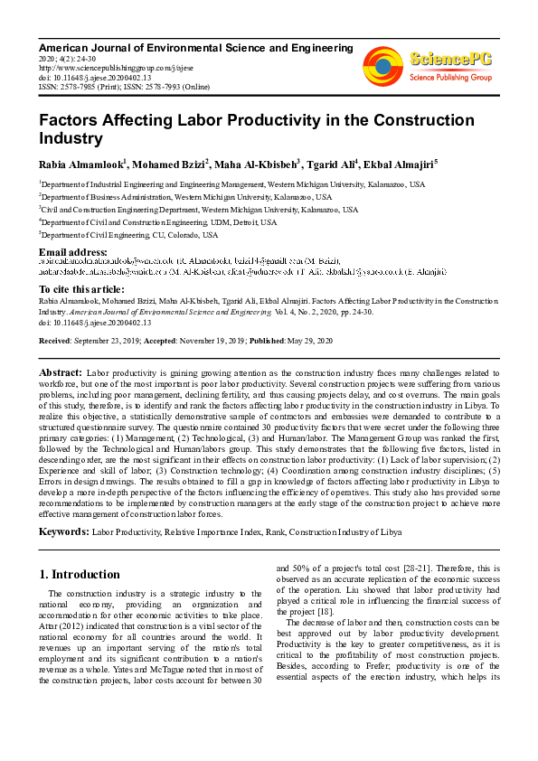 (PDF) Factors Affecting Labor Productivity in the Construction Industry