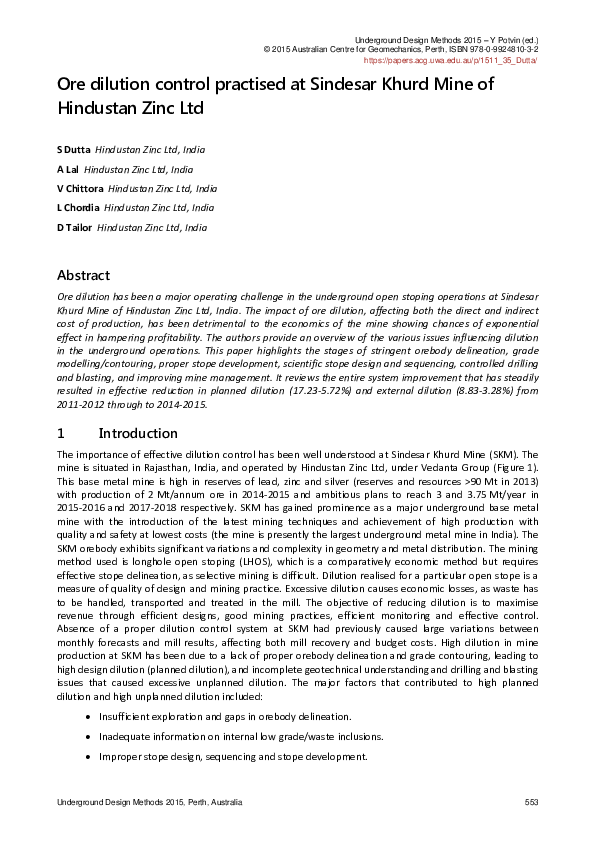 (PDF) Ore dilution control practised at Sindesar Khurd Mine of