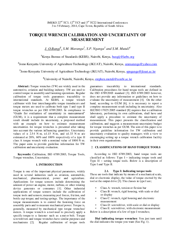 (PDF) Torque Wrench Calibration and Uncertainty of Measurement