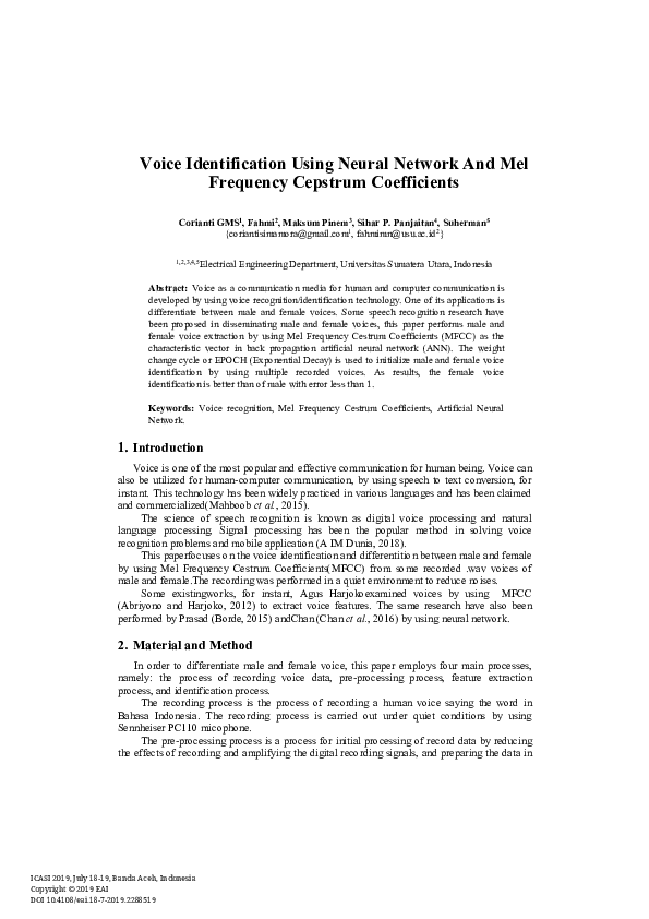 (PDF) Voice Identification Using Neural Network And Mel Frequency ...