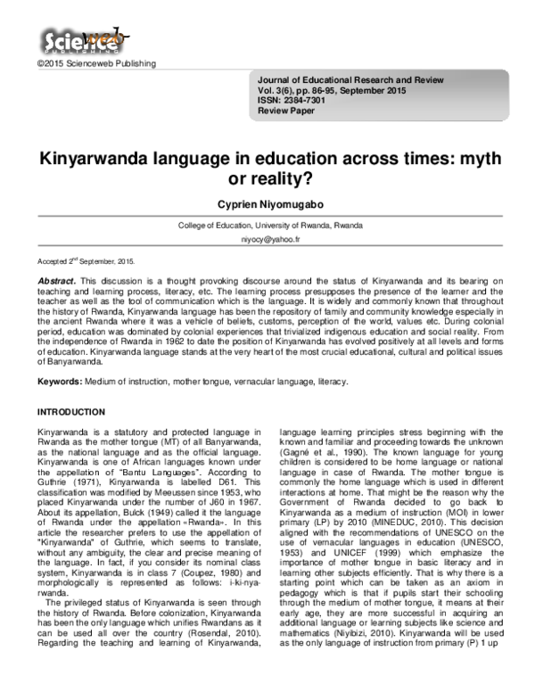 (PDF) Kinyarwanda language in education across times: myth or reality?