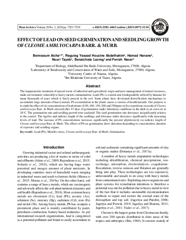 (PDF) Effect of Lead on Seed Germination and Seedling Growth of Cleome ...
