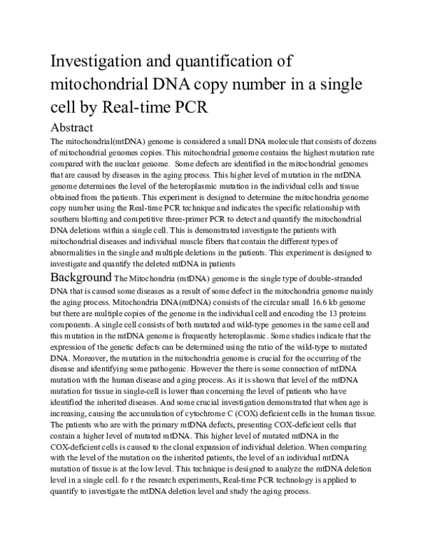 (PDF) Investigation and quantification of mitochondrial DNA copy number ...