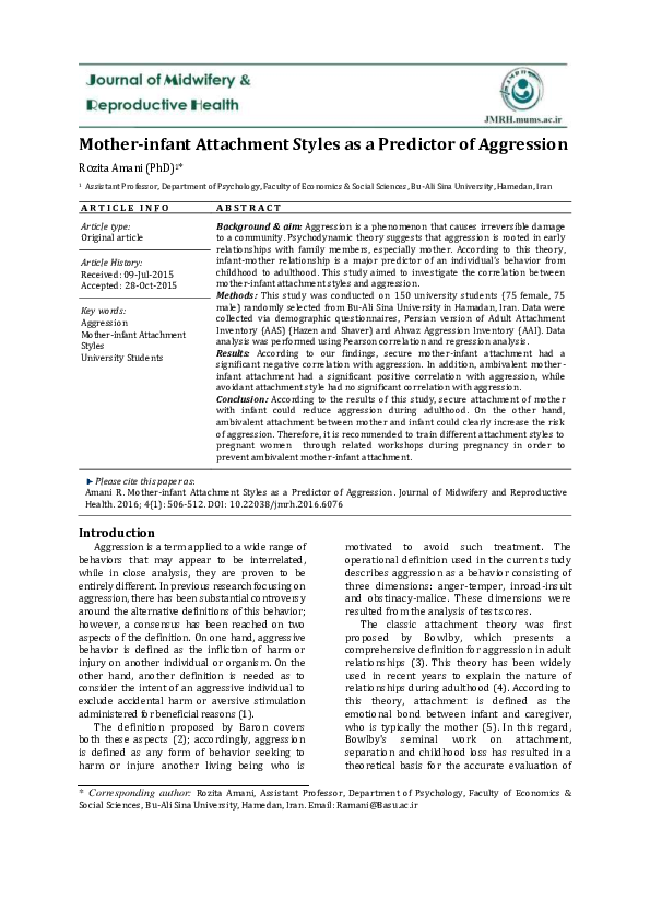 (PDF) Mother-infant attachment styles as a predictor of aggression