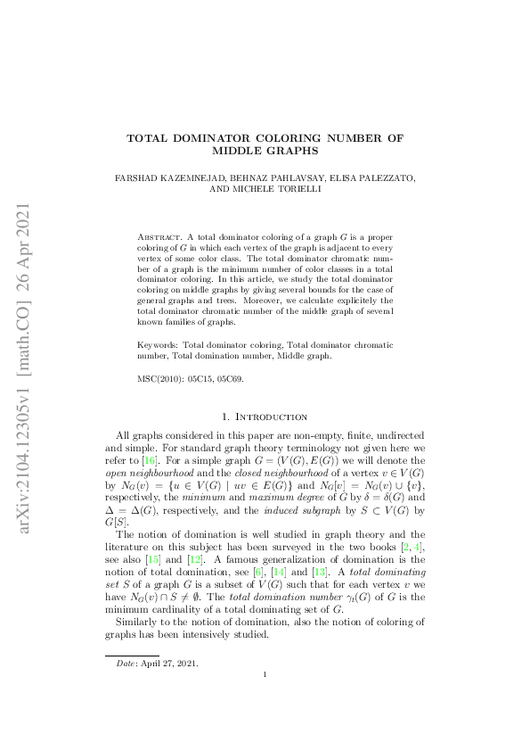 (PDF) Total dominator coloring number of middle graphs