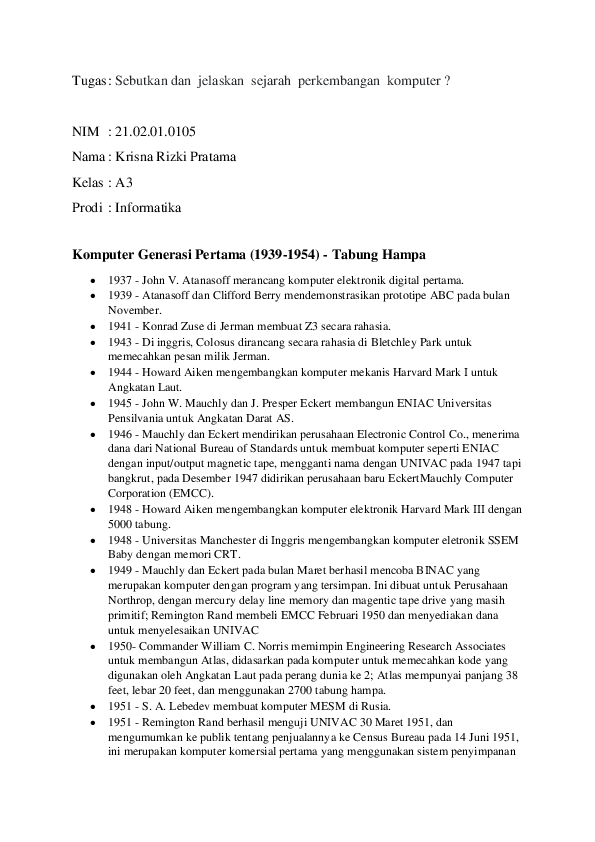 (PDF) Tugas Sebutkan dan jelaskan sejarah perkembangan komputer