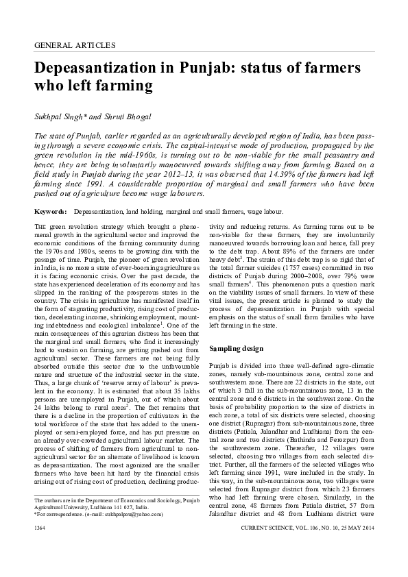 (PDF) Depeasantization in Punjab : status of farmers who left farming
