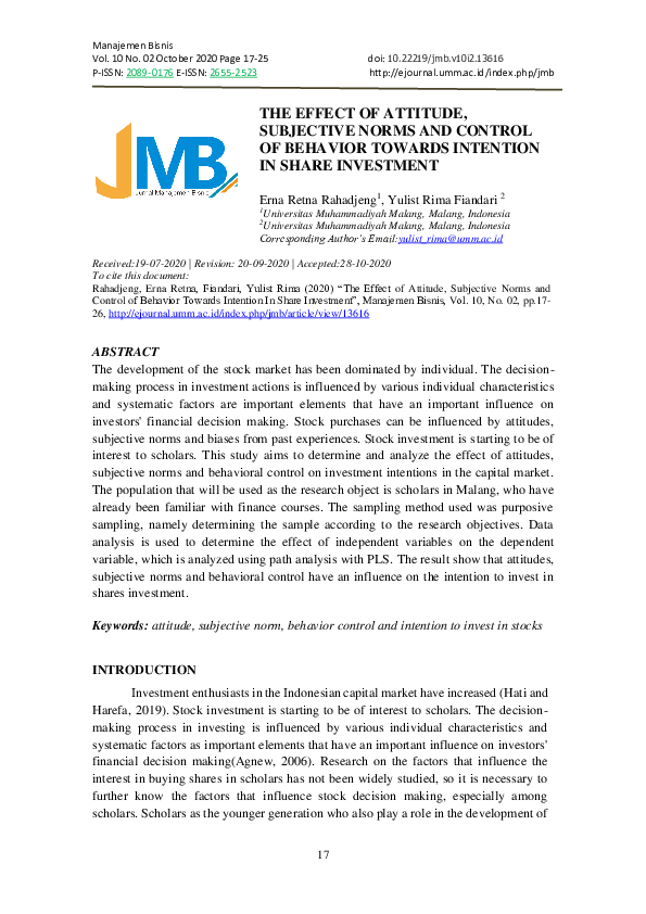 (PDF) The Effect of Attitude, Subjective Norms and Control of Behavior ...