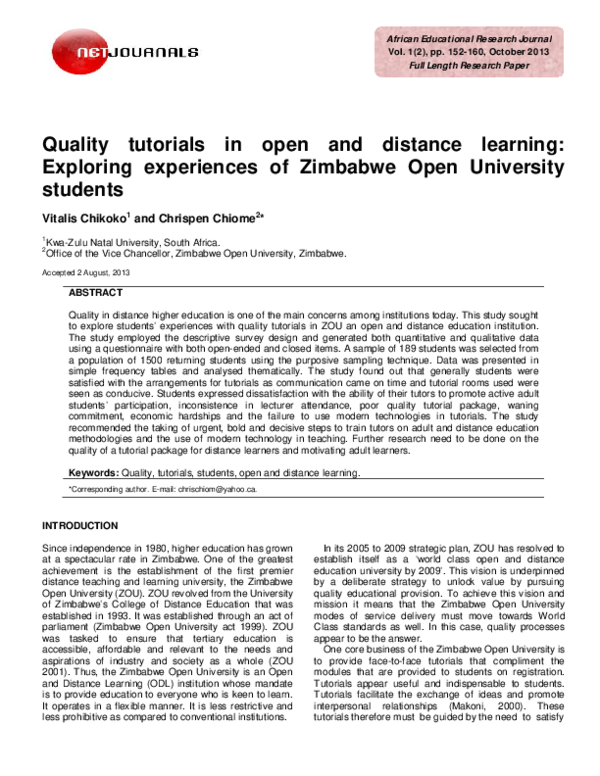 (PDF) Quality tutorials in open and distance learning: Exploring ...