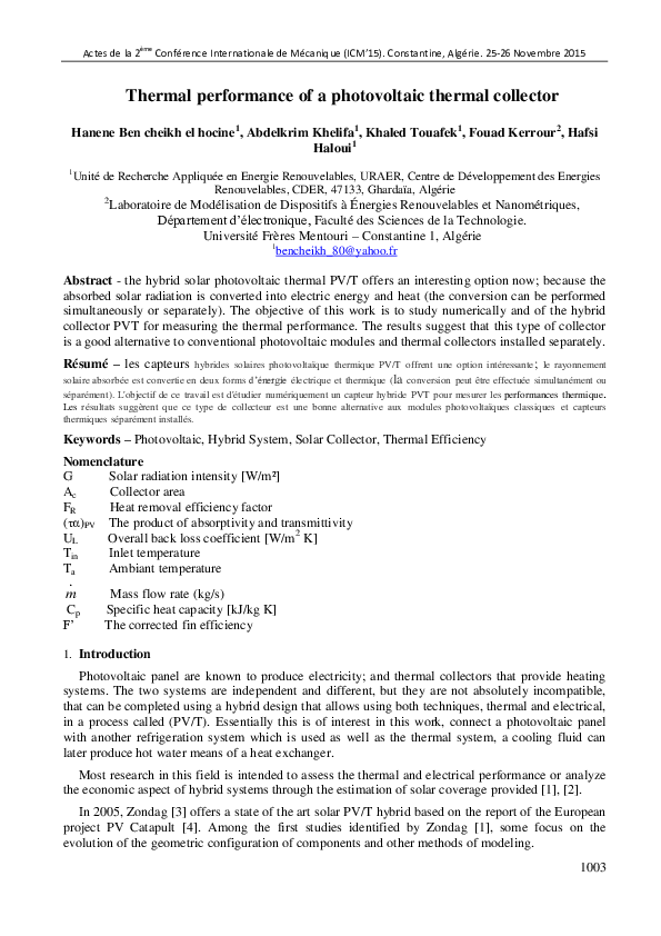 (PDF) Thermal performance of a photovoltaic thermal collector