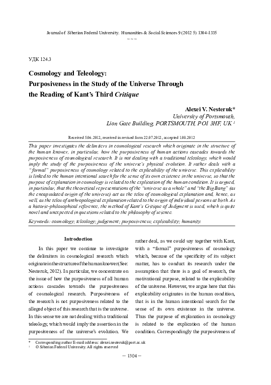 (PDF) Cosmology and teleology: purposiveness in the study of the ...