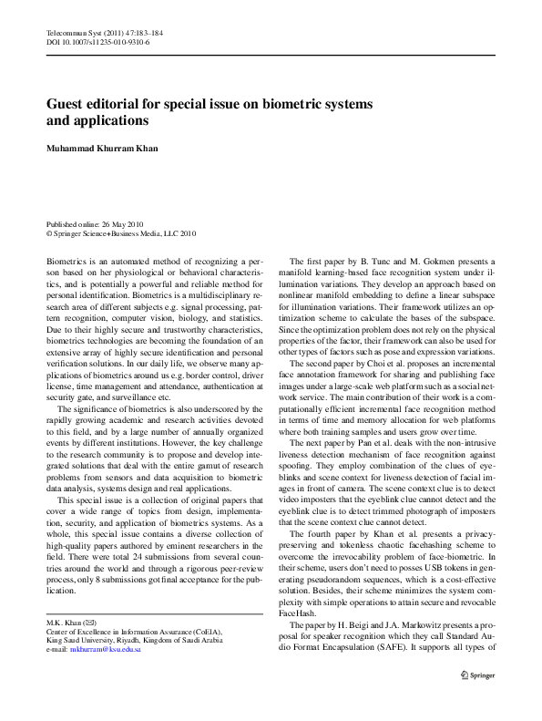 (PDF) Guest editorial for special issue on biometric systems and ...