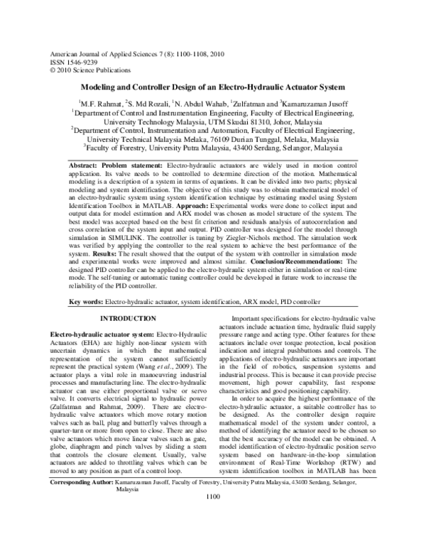 (PDF) Modeling and Controller Design of an Electro-Hydraulic Actuator ...
