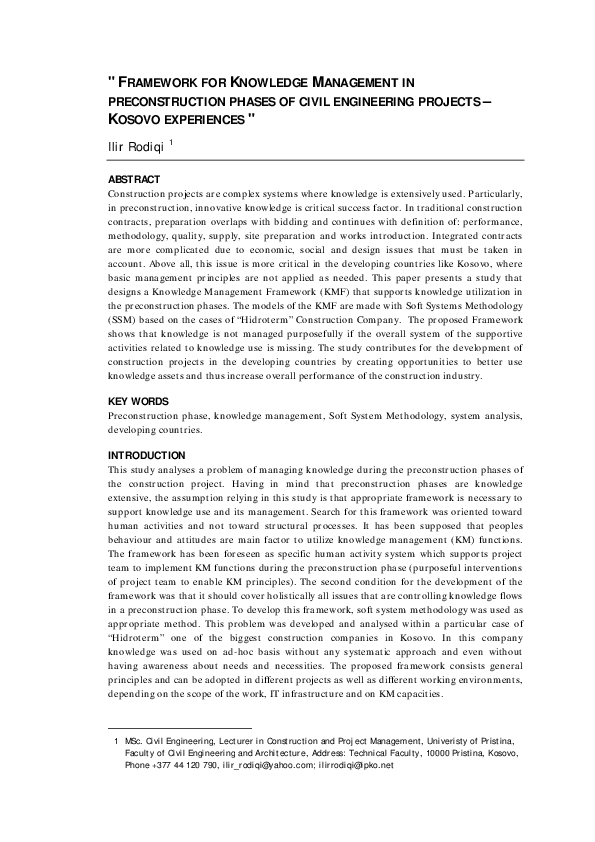 (PDF) Framework for Knowledge Management in Preconstruction Phases of ...