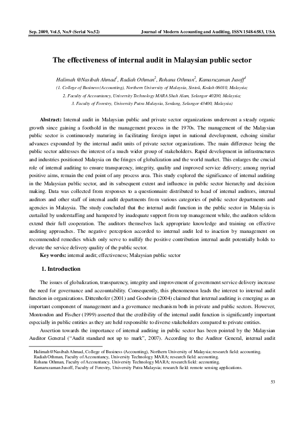 (PDF) The effectiveness of internal audit in Malaysian public sector
