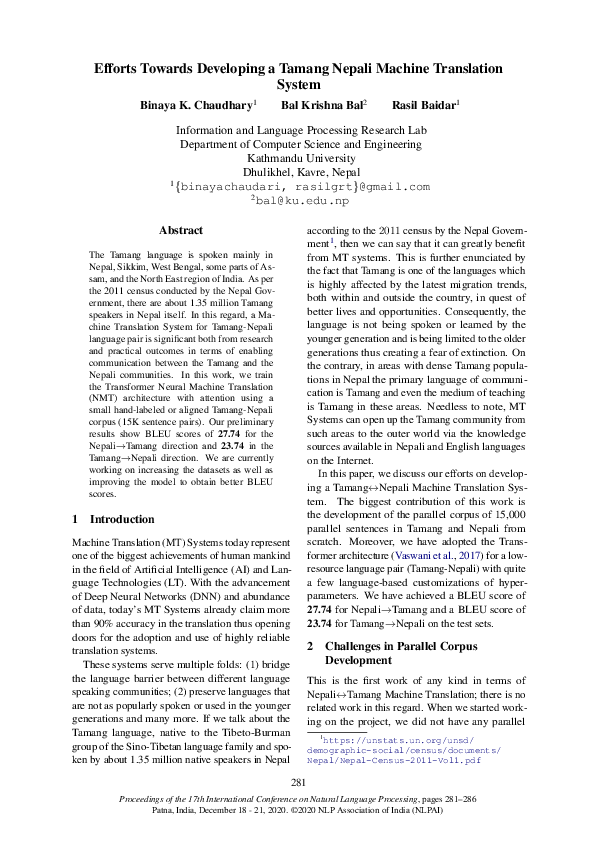  PDF Efforts Towards Developing A Tamang Nepali Machine Translation 