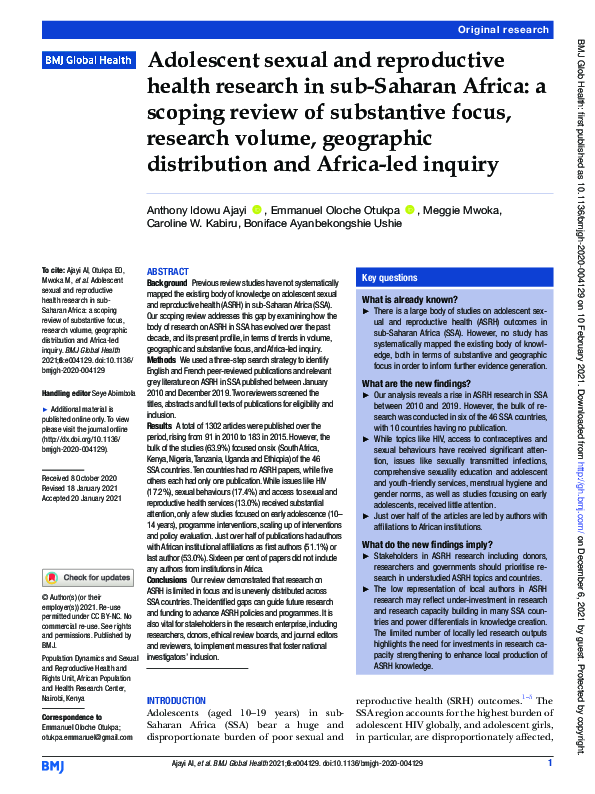 (PDF) Adolescent sexual and reproductive health research in sub-Saharan ...