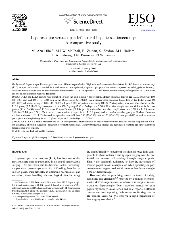 (PDF) Laparoscopic versus open left lateral hepatic sectionectomy: A ...