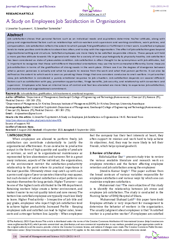 (PDF) A study on employees job satisfaction in organisations
