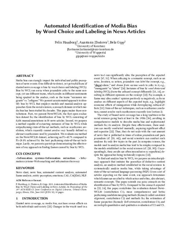 (PDF) Automated Identification of Media Bias by Word Choice and ...