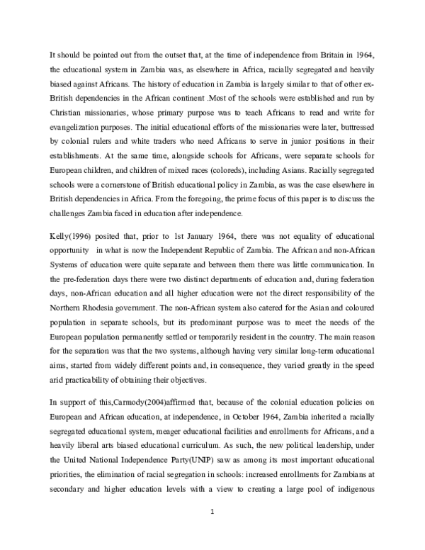 (DOC) PROBLEMS OF EDUCATION IN ZAMBIA AT INDEPENDENCE Moses Kasonde
