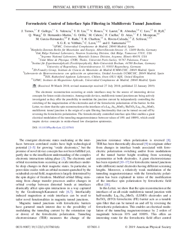(PDF) Ferroelectric control of interface spin filtering in multiferroic ...
