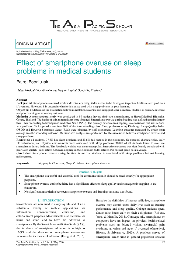 (PDF) Effect of Smartphone Overuse on Sleep Problems in Medical Students