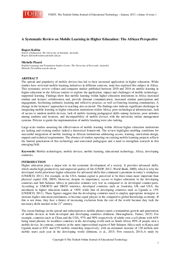 (PDF) A Systematic Review on Mobile Learning in Higher Education: The ...