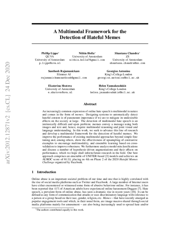 (PDF) A Multimodal Framework for the Detection of Hateful Memes