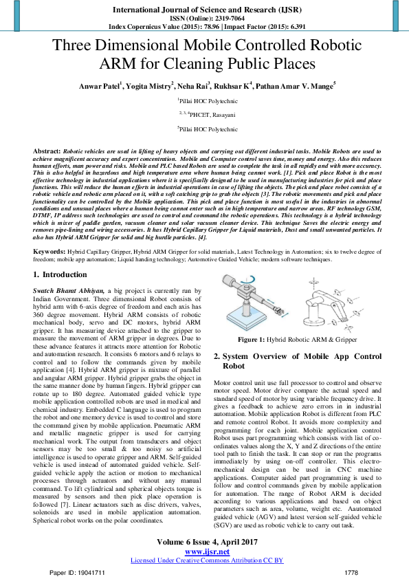 (PDF) Three Dimensional Mobile Controlled Robotic ARM for Cleaning ...