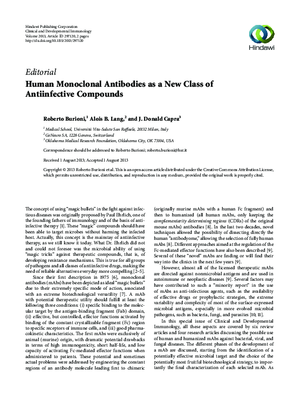 (PDF) Human Monoclonal Antibodies as a New Class of Antiinfective Compounds