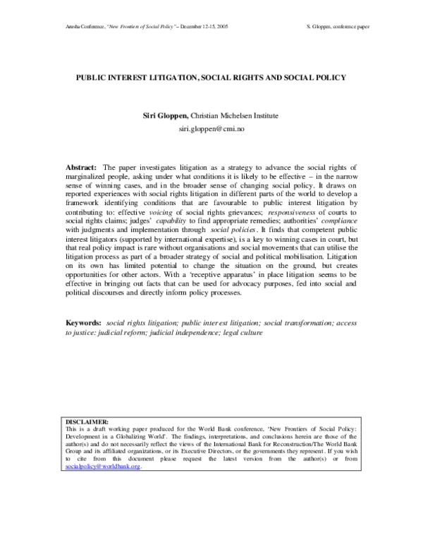 (PDF) Public Interest Litigation, Social Rights and Social Policy