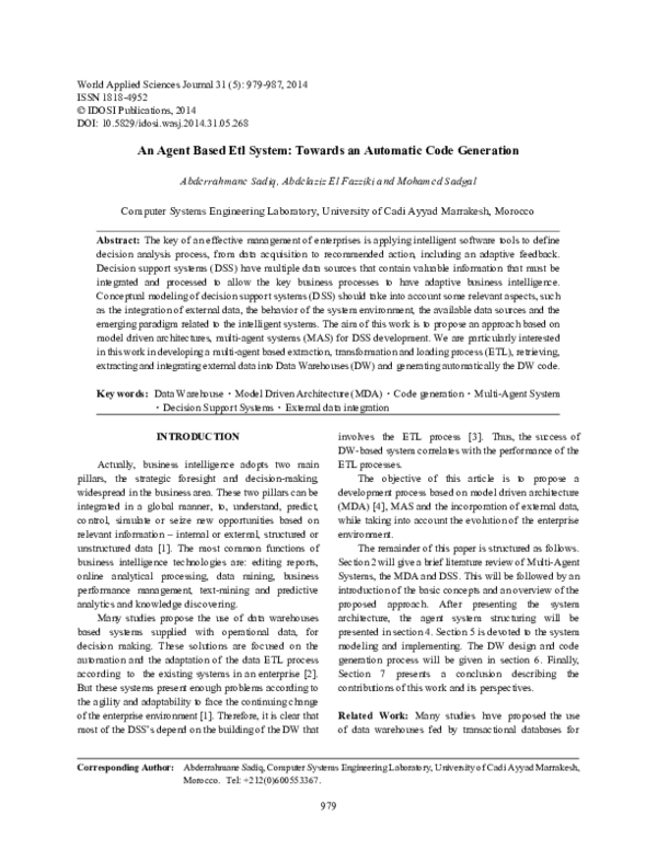 (PDF) An Agent Based Etl System: Towards an Automatic Code Generation