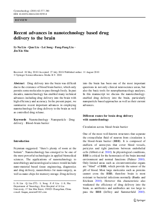 (PDF) Recent advances in nanotechnology based drug delivery to the brain